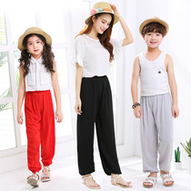 Middle and big childrens cotton silk mosquito pants parent-child pajama pants boys and boys bunches childrens trousers beach pants