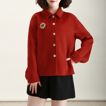 NZ Leisure small square collar single row with short double face cashmere big coat woman small sub red wool fur coat autumn