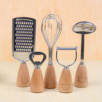  Creative Smiley face Wooden handle Stainless steel fork Whisk Peeler Bottle opener Cooking supplies Kitchen gadget set