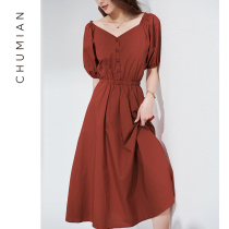 Early cotton vintage large V-neck collarbone dress white brick red cotton dress Waist thin bubble sleeve jumpsuit