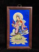 Wang Qis work mahogany inlaid porcelain plate painting high 90*53cm pastel characters send son Guanyin hanging screen ornaments