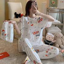 Sleepwear Lady Summer Pure Cotton Short Sleeve Long Pants Two Sets Cartoon Cute History Nubi Korean Edition Student Fresher Home Clothes