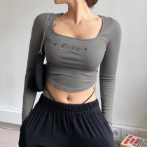 H home European and American style 2020 Autumn new high grade gray embroidery letter low collar bottom T-shirt women high waist short