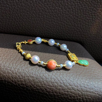 Natural sea water pearls with pure gold engraved gold burning blue 18K old gold beads K gold inlaid emerald gourd bracelet