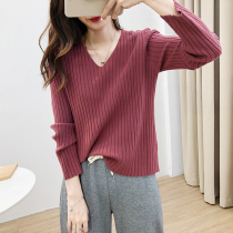 Soft glutinous Joker V-neck pit long-sleeved sweater womens autumn loose elastic slim pullover bottomed sweater top