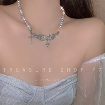 Angel Hot Sister American Teenage Girl Wind Retro Cross Pearl Inlaid With Wings Earth Cool Hip-hop Trampoline Chains Bone Chain
