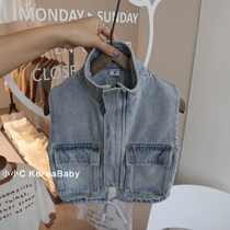 Baby stand-up collar denim pony armor Korean baby childrens clothing 2021 autumn new men and women childrens waistcoat vest