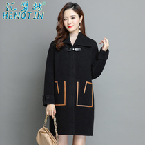 New women's black Korean version of loose slim double-sided long coat lapel temperament suit collar wool coat