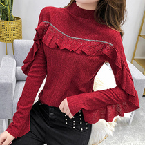 Half-height collar bottom shirt woman spring autumn new design feeling hot and drilled T-shirt woman long sleeve 100 lap lotus leaf edge foreign air blouse