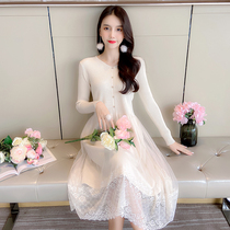 Temperament Sweet Merise Lace Stitch Knitted One-piece Dress 2022 New Autumn winter Skinder with long dress Ins damp