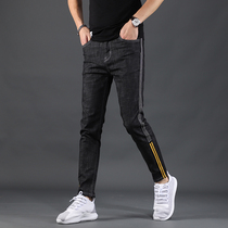 Black jeans mens 2022 light luxury fashion brand elastic slim small feet casual all-match autumn and winter plus velvet striped trousers