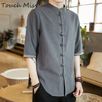 TOUCH MISS2021 summer linen shirt mens three-point sleeve Chinese style buckle T-shirt large size mens top