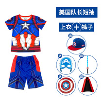 Captain America childrens clothes summer boys short-sleeved Superman cloak toy set cosplay cos costume