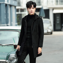Mens autumn and winter wool coat coat Korean version of long woolen mens youth trend hooded trench coat men