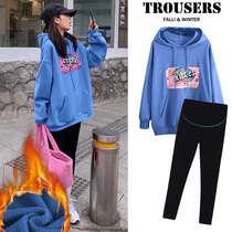 Pregnant womens suit winter new casual pregnant womens pants loose hooded sweater plus velvet padded top womens leggings autumn