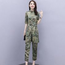 Silk suit female 2020 Summer temperament goddess fan clothes fashion age slim cotton linen two-piece occupation