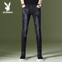 Playboy stretch jeans mens fashion brand Slim foot pants spring and autumn mens long pants Korean trend Black