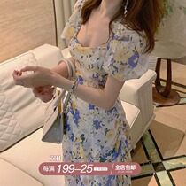 skibyTannin oil painting floral skirt women 2021 summer new bubble sleeve square collar dress temperament waist skirt