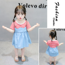 Summer dress Childrens tutu Summer dress Short sleeve denim striped pleated skirt Childrens summer versatile skirt