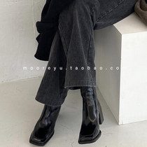 South Korea Dongdaemun square head personality high-heeled skinny short boots womens 2022 niche rear zipper black patent leather boots autumn