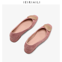 2020 spring new Korean version of wild fog metal buckle flap leather small square head low heel single shoes womens thick heel flat casual shoes