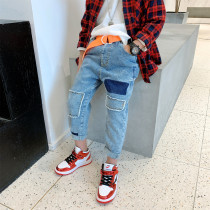 Fan Xiaofan childrens clothing 2019 autumn new Korean version of the boy patch denim pants childrens casual pants tide