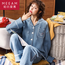  Spring and autumn and winter thickened air cotton sandwich pajamas womens pure cotton long-sleeved padded plus size home clothes can be worn outside