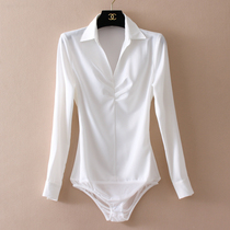 2022 new v-neck pleated professional high-end long sleeve shirt women's white slim OL long sleeve satin one shirt