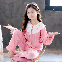 Childrens pajamas Girls spring and autumn long-sleeved cotton thin section baby princess 12 middle and large children 15 years old home clothes set