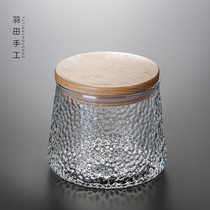 Japanese hammered transparent glass jar thickened wooden cover Tea jar Large household storage jar Kung Fu tea set accessories