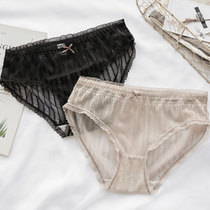 Skin color black lace underwear female ice filament sexy breathless trace slip middle waist triangle pants summer thin