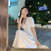 Fa-style first love Balloon Fairy Skirt Spring Summer New Son has a knee V collar to collect waist display slim temperament even dress