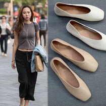 Single shoe woman coarse heel 2022 Spring autumn new genuine leather shallow mouth One foot pedal pregnant womens shoes square bottom Grandmother shoes