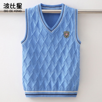 2020 new boys sweater autumn plus velvet middle and big child V collar childrens knitwear vest boy thread coat