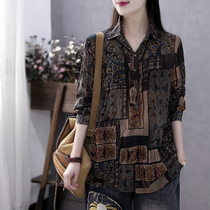 Han Soyi retro Literary Spring and Autumn New thin base shirt womens long sleeve shirt pullover print shirt thin