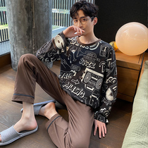 Mens pajamas spring and autumn cotton long-sleeved trousers student youth cartoon home clothes two-piece set can be worn outside