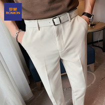 Romon straight casual pants mens 2021 summer new slim-fitting business tide brand fashion nine-point pants small feet suit pants
