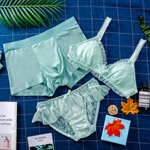 Summer couple underwear three-piece set with breast strap bra Ice Silk couple underwear cute new underwear set