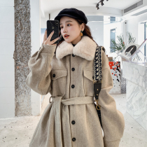 Sandro moscoloni Wool Coat Women's Lace-Up Woven Coat Medium Long Rabbit Wool Collar Hepburn Wind