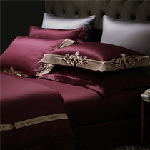 Italian Luxury 140 pure cotton embroidery Four pieces Wine Red High-end Quilt Cover Goon Satin Long Suede Cotton Bed Bedding