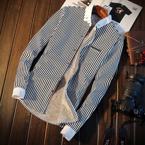 Winter striped velvet shirt mens 2020 new autumn and winter jacket trend warm shirt handsome thickened top