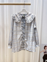 Aimei mommy 21 Spring Fresh plaid Tencel micro thin fabric age-reduction baby collar pregnant shirt