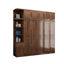  Modern light luxury walnut wardrobe five-door open door modern simple solid wood wardrobe master bedroom large wardrobe furniture