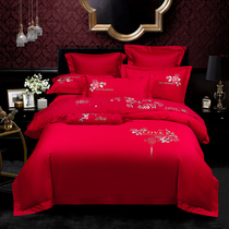Wedding wedding four-piece large red cotton 60 long staple cotton European embroidery quilt cover multi-piece bedding