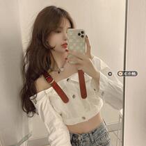  Net red French shirt womens spring and autumn 2021 new Korean design sense careful machine one-shoulder exposed umbilical short top