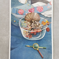 Shaw Qing Blue Table Handdrawn Watercolor Gift 22x38cm Unframed with hands gift