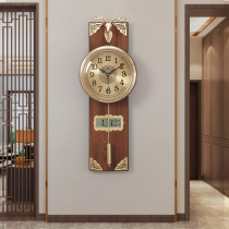 New Chinese Brass Deer Head Swing Hung Clock Living-room Wall Decoration Hanging Bell Creativity Woody Perpetual Calendar Clock