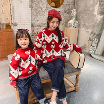 Parent-child mother womens red Christmas sweater cartoon 2021 Autumn Winter girl sweater childrens foreign-style sweater