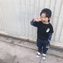 21 Spring and autumn new men and women children Japanese Tide brand monkey camouflage stitching long sleeve t-shirt denim trousers