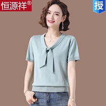 Fit wide leg pants blouses woman short summer ice silk stitch sweatshirt slim fit big code short sleeve T-shirt butterfly knot undershirt V